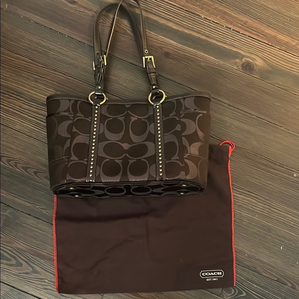 Coach Brown Monogram Tote with Chain Details